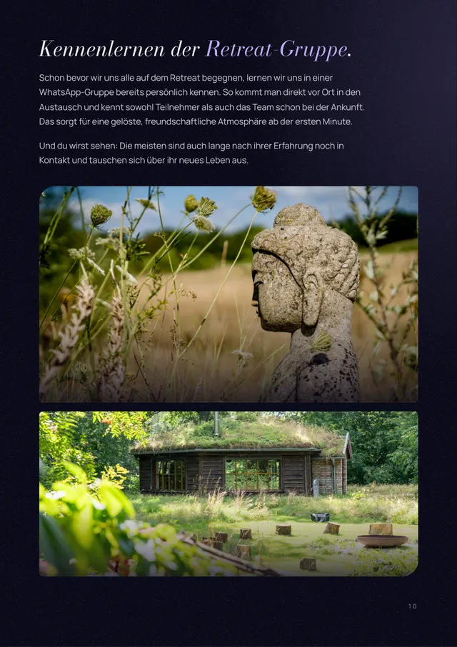 E-Book-Seite Kennenlernen der Retreat-Gruppe mit Fotos einer Steinfigur im Gras und eines Holzhauses im Grünen