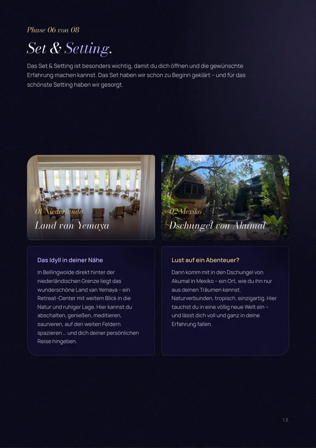 E-Book-Seite Set und Setting mit Fotos der beiden Retreat-Orte