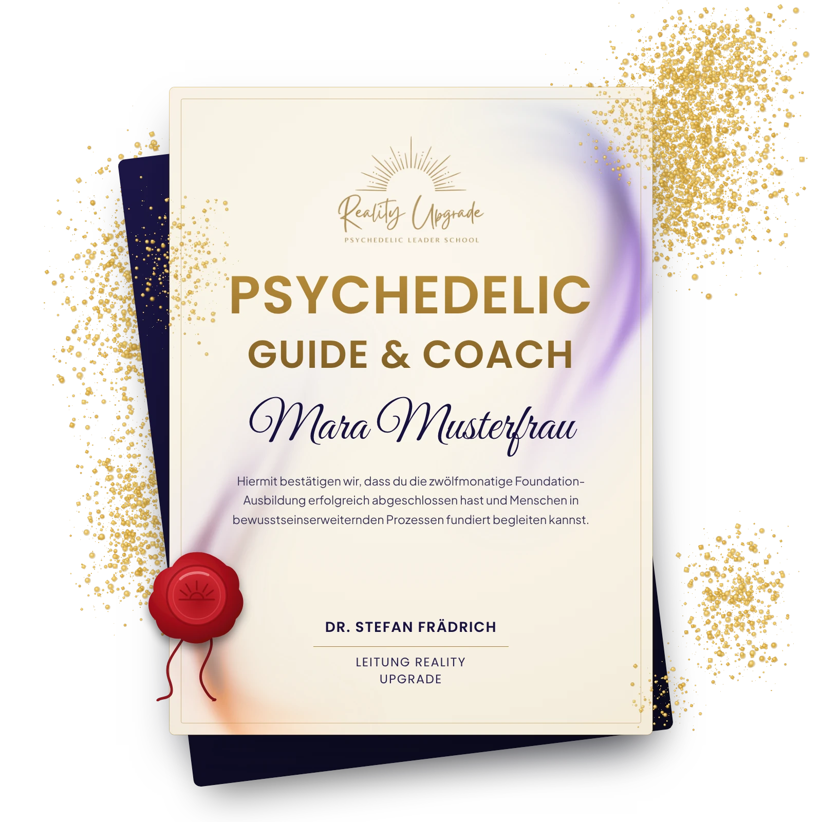 Musterzertifikat Psychedelic Guide & Coach von Reality Upgrade mit Siegel